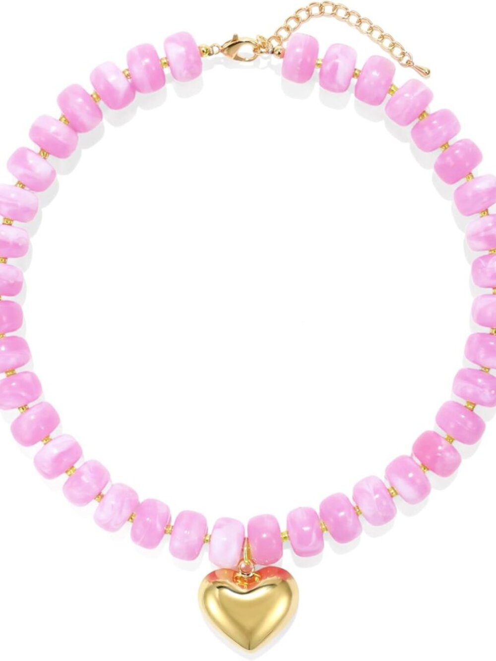 Chunky Heart Necklace for Women, Colorful Acrylic Beaded Statement Puff Heart Ne